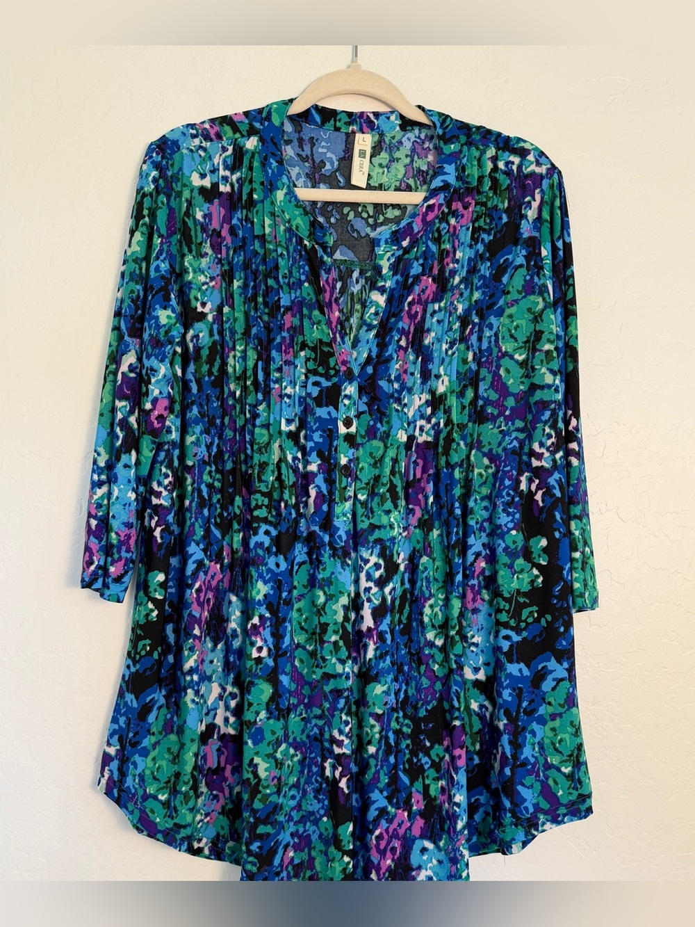 la cera  Women's Large Tunic Top Blue Green Artistic Pleated Stretchy 3/4 Sleeve